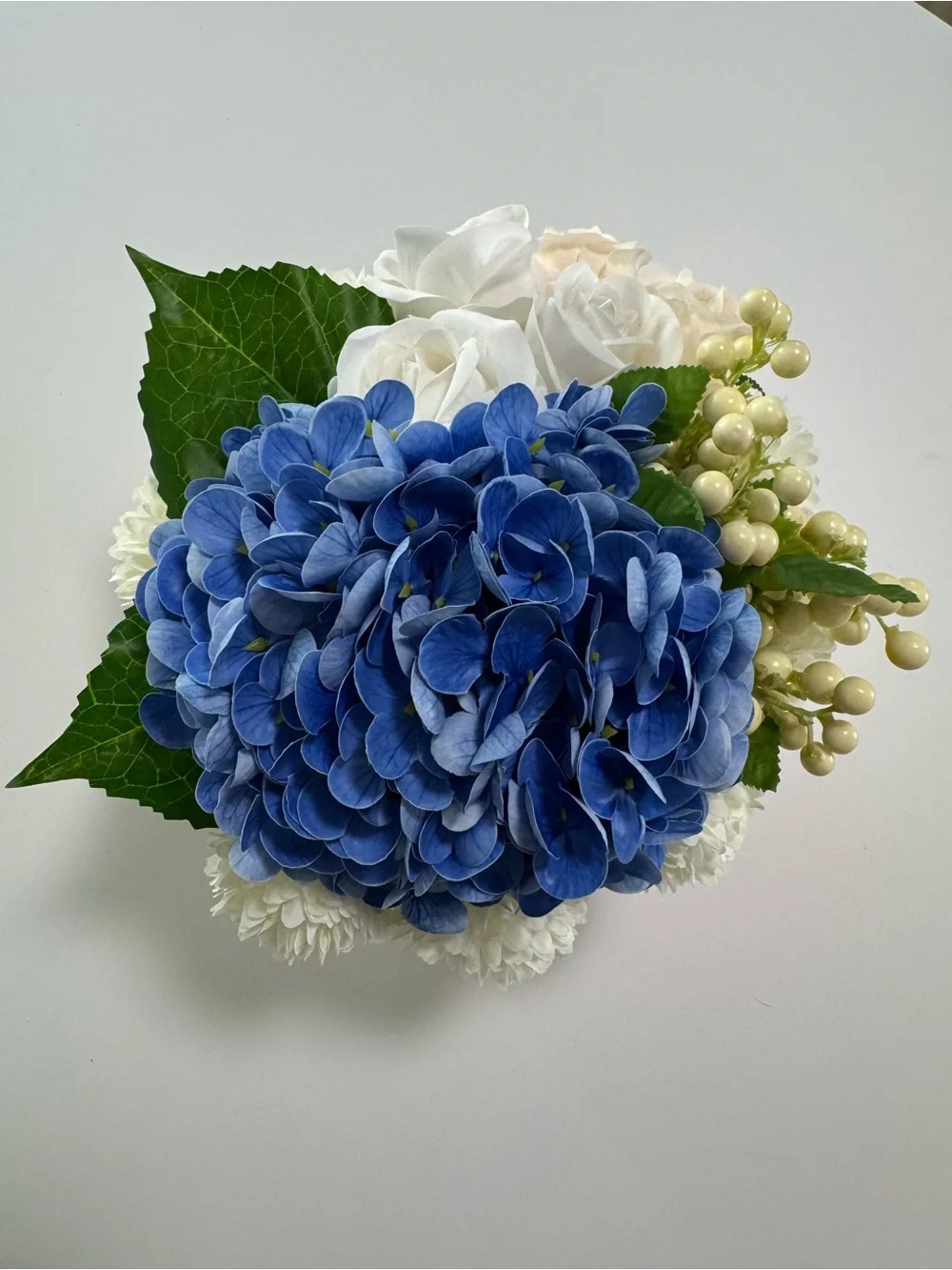 Artificial Floral Arrangement in Blue and Cream with Red Box